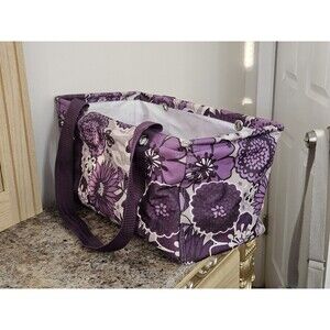 Thirty-One Medium Utility Tote Plum Awesome Blossom Purple & Grey